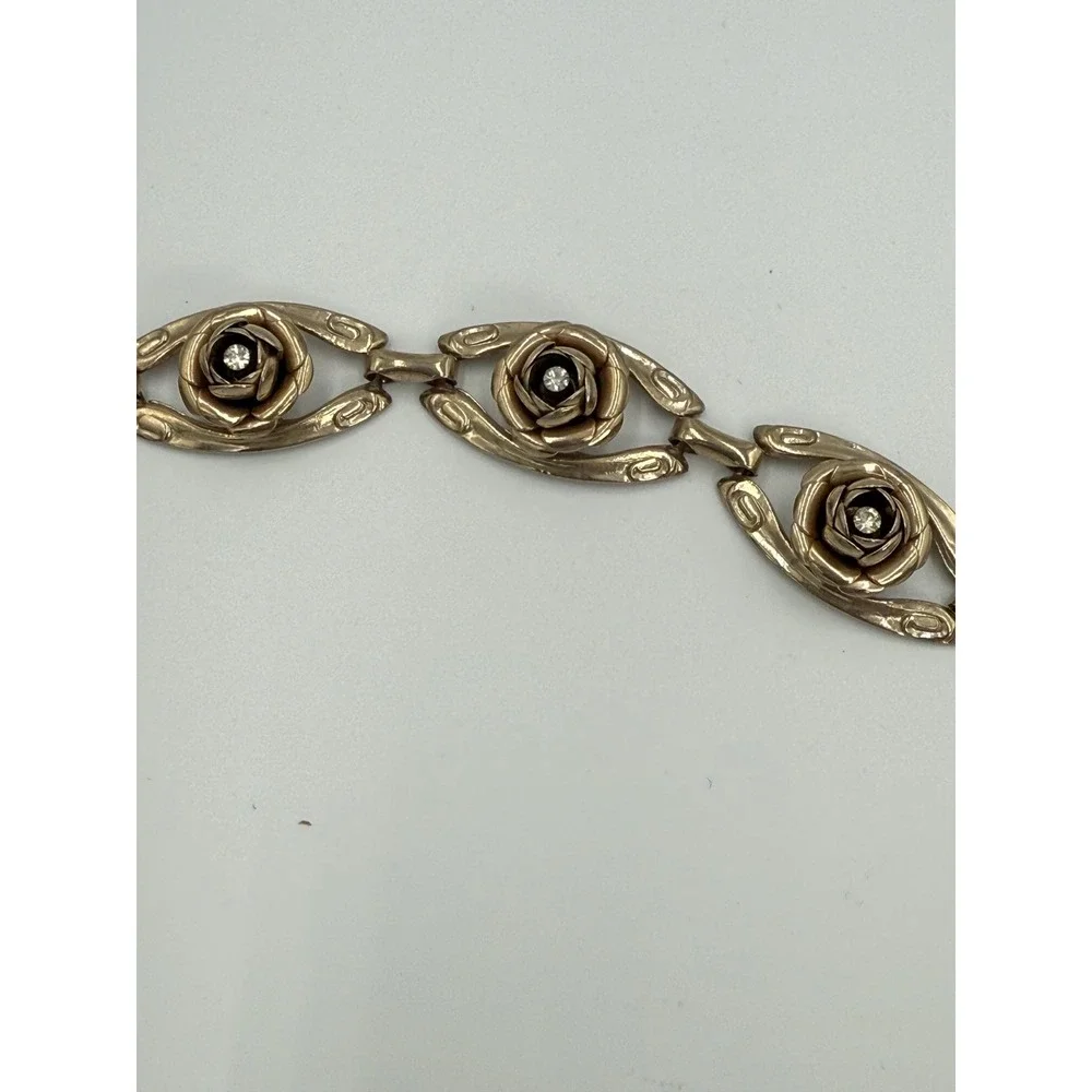 Vintage Floral Link Bracelet‎ Gold Tone Rose Rhinestone